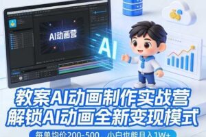 教案AI动画制作实战营，解锁AI动画全新变现模式，每单均价200-500，小白也能月入1W+