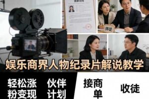 娱乐商界人物纪录片解说教学，轻松涨粉变现，伙伴计划，接商单，收徒等