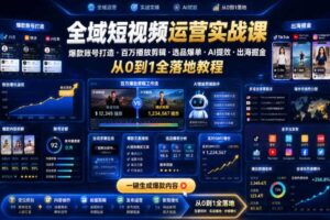 全域短视频运营实战课，爆款账号打造・百万播放剪辑・选品爆单・AI提效・出海掘金，从0到1全落地教程