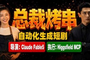 Claude Fable5担任导演+Higgsfield MCP落地执行|《总裁烤串》真人质感短剧全自动AI生成全流程教学