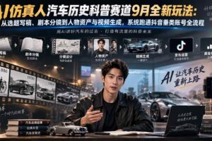（20413期）AI仿真人汽车历史科普赛道9月全新玩法：从选题写稿、剧本分镜到人物资产与视频生成，系统跑通抖音垂类账号全流程