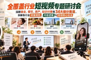 短视频专题研讨会，深耕美业、餐饮、房产、知识付费等34大细分赛道，拆解各行业流量规则、内容逻辑与变现核心玩法