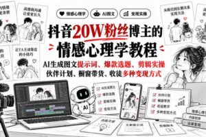 抖音20W粉丝博主的情感心理学教程，AI生成图文提示词、爆款选题、剪辑实操，伙伴计划、橱窗带货、收徒多种变现方式