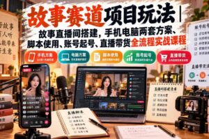 故事赛道项目玩法|故事直播间搭建,手机电脑两套方案、脚本使用、账号起号、直播带货全流程实战课程
