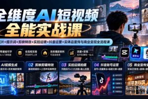 (20768期)【无水印】全维度AI短视频全能实战课:AI成片+提示词+剪映特效+实拍运镜+抖音运营+实体店宣传与商业变现全流程课