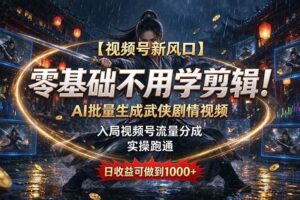 （20780期）【视频号新风口】零基础不用学剪辑！AI 批量生成武侠剧情视频，入局视频号流量分成，实操跑通，日收益可做到 1000+