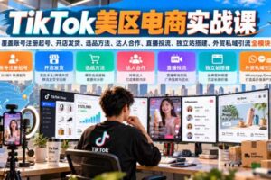TikTok美区电商实战课，覆盖账号注册起号、开店发货、选品方法、达人合作、直播投流、独立站搭建、外贸私域引流全模块