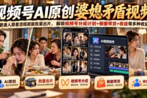 视频号ai原创婆媳矛盾视频,普通人跟着流程就能批量出片,解锁视频号分成计划+橱窗带货+收徒等多种收益