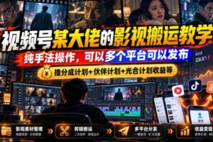 视频号某大佬的影视搬运教学,纯手法操作,可以多个平台可以发布,撸分成计划+伙伴计划+光合计划收益等