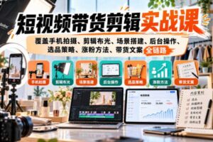 短视频带货剪辑实战课,覆盖手机拍摄、剪辑布光、场景搭建、后台操作、选品策略、涨粉方法、带货文案全链路