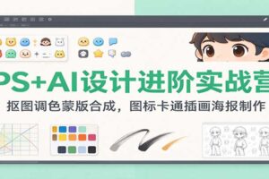 PS+AI设计进阶实战营：抠图调色蒙版合成，图标卡通插画海报制作