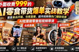 外面收费999的AI零食带货爆单实战教学,覆盖食品开箱、仓库直播、超市抢购等热门爆款场景,AI批量做零食短视频带货