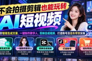 （21100期）不会拍摄剪辑也能玩转AI短视频：教你智能生成文案、一键制作数字人、剪映合成视频、打造账号及挂车带货实操
